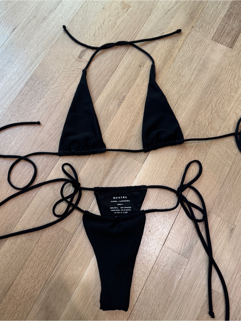 Classic Black Ribbed String Bikini Top & Bottom Set - Picture 2 of 4